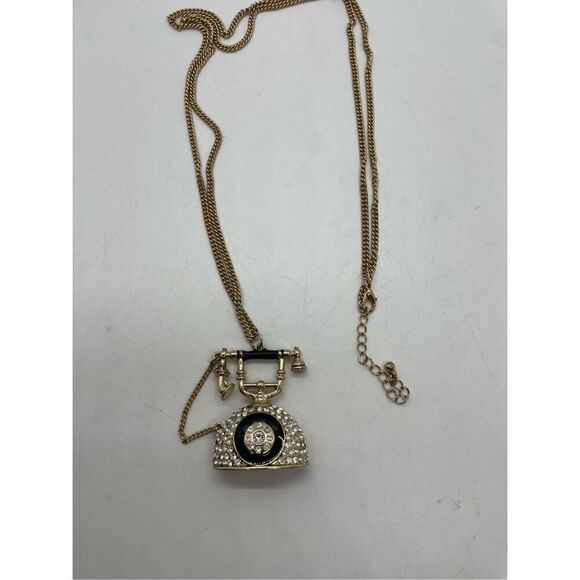 Telephone Necklace Rhinestones Costume Vintage Whimsical Long Chain - Picture 3 of 10